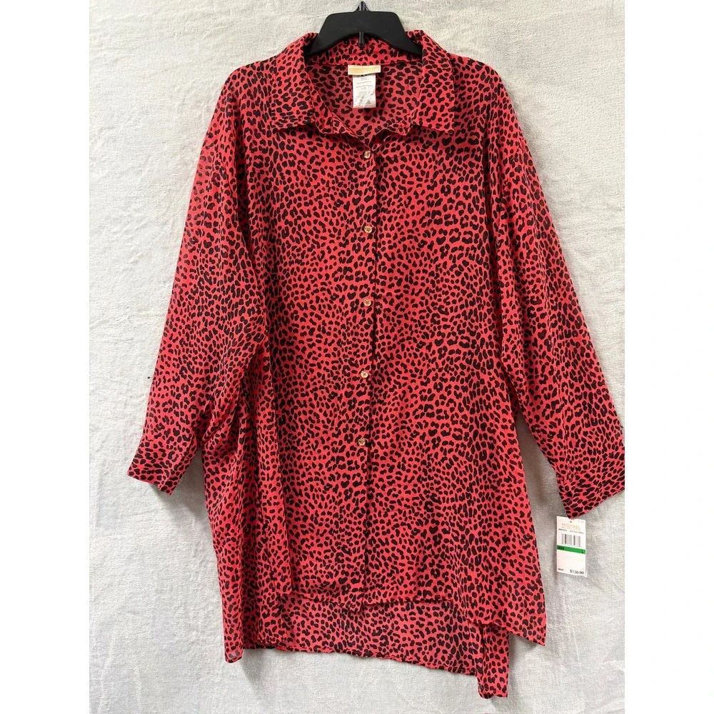 Michael Kors Women's Animal-Print Red Sheer Cover-Up Shirt Size L $130 NWT